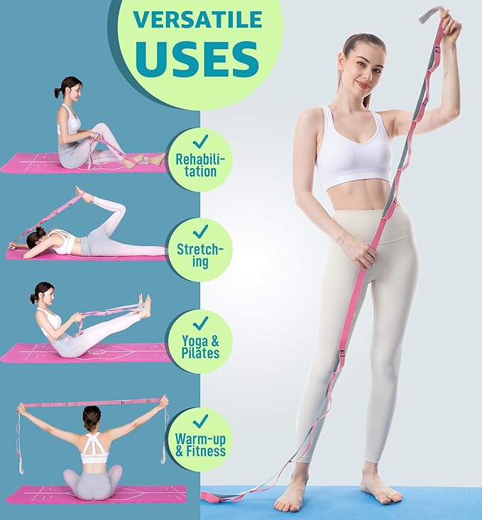 HiRui Stretching Strap Yoga Strap with Door Anchor, 14-Loops Non-Elastic Stretch Straps for Physical Therapy, Pilates, Dance, Gymnastics | Stretch Band with Workout Guide for Women & Men-FlexoryFit