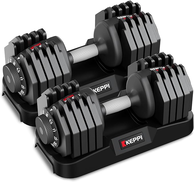 Keppi Adjustable Dumbbells Set-25lb/40lb/55lb/60lb, Anti-Slip Metal Fast Adjust Weight Handle, Exercise & Fitness for Full Body Workout - Adjustable Dumbbell Series-FlexoryFit
