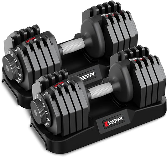 Keppi Adjustable Dumbbells Set-25lb/40lb/55lb/60lb, Anti-Slip Metal Fast Adjust Weight Handle, Exercise & Fitness for Full Body Workout - Adjustable Dumbbell Series-FlexoryFit
