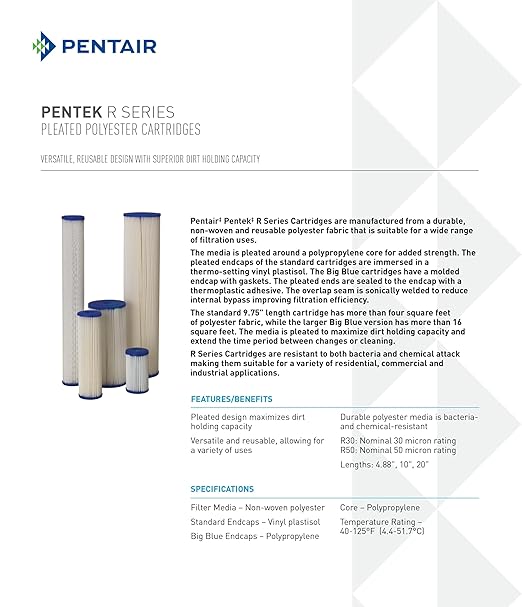 Pentair Pentek R50 Sediment Water Filter, 10-Inch, Under Sink Pleated Polyester Filter Cartridge, 10" x 2.5", 50 Micron, Pack of 2