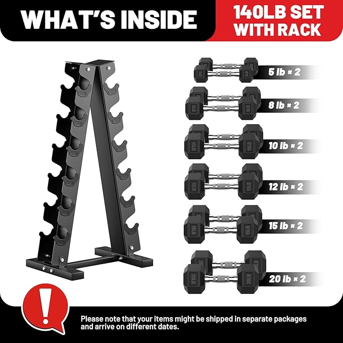 PAPABABE Hex Dumbbell Sets with Rack, 60-550lb Rubber Coated Dumbbell Weight Set and Storage Rack, Multiple Options Hand Weights for Strength Training-FlexoryFit