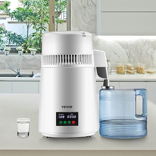 VEVOR 1.1Gal Water Distiller, 0.3Gal/H, Distilled Water Maker Machine 750W 0-99H Timing Set Temp Display, 304 Stainless Steel Countertop Distiller Plastic Carafe Cleaning Powder 3 Carbon Packs, White