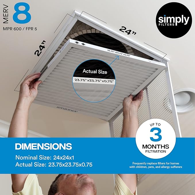 Simply 24x24x1 Air Filter, Merv 8, MPR 600, 6 Pack, For Home AC Furnace & HVAC (Actual Size: 23.75"x23.75"x0.75") DUST, Pet, & Allergy Control