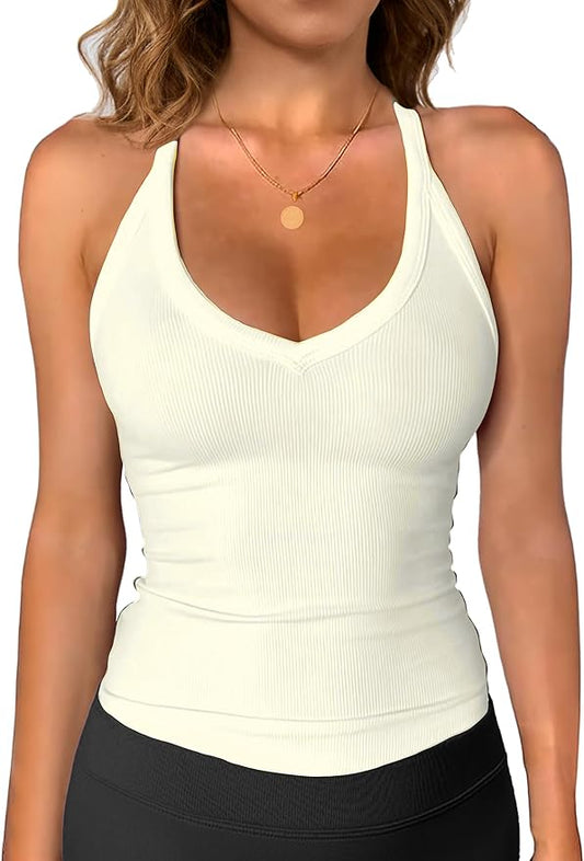 iGENJUN Workout Tops for Women Racerback Basic Tank Summer 2025 Camisole V Neck Slim Fit Ribbed Sleeveless-FlexoryFit