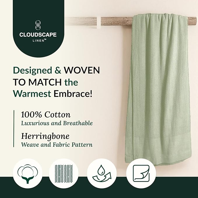 Cloud Scape Linen 100% Cotton Blanket King Size for Bed – Lightweight Summer Blanket, Herringbone Weave,fits California King Size Bed, 92x108,Seafoam Green
