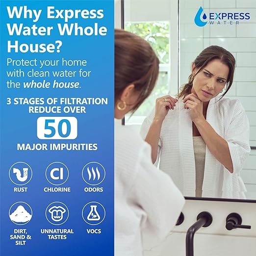 Whole House Water Filter System| ESSENTIAL | 3 Stage Water Purifier Whole Home, Top-Tier GAC, ACB Filters Produce Overachieving H2O, Significantly Reduces Chlorine & Sulfur Smell/Taste, Healtheir Skin