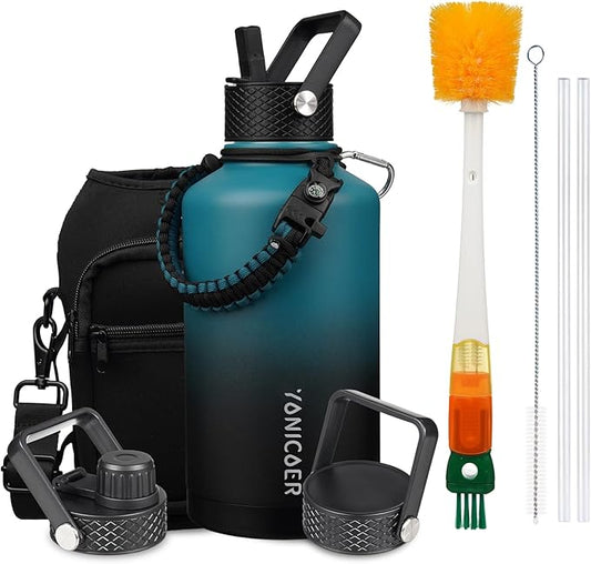 Insulated Water Bottle 64oz,Triple Wall Vacuum Stainless Steel(Dishwasher Safe),Leak Proof & Non-BPA,Flask Jug with Paracord Handle & Straw Spout Lids Sports-FlexoryFit