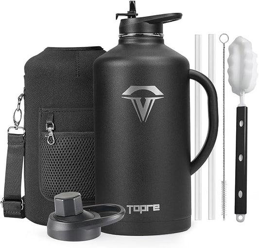 128 oz Insulated Water Bottle with Straw and Lid, One Gallon Stainless Steel Cup with Handle,Leakproof Metal Travel Jug Flask Mug Tumbler Cup With Carry Pouch and Brush,Keep Cold & Hot,Black-FlexoryFit