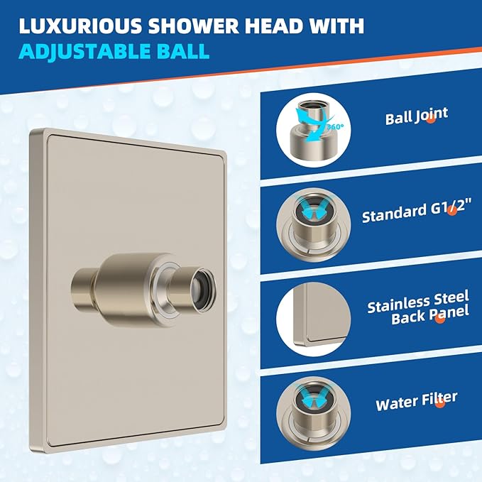Hibbent Thickness Metal Rain Shower Head, 6'' High Pressure Rainfall Shower Head, Square Bathroom Waterfall Shower Heads, High Flow Fixed Showerheads with Adjustable Brass Ball Joint, Brushed Nickel