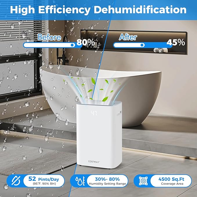 COSTWAY 52 Pint Dehumidifier for Basement, 3.3 FT Drain Hose, Clothes Drying Modes, Auto Defrost, Child Lock & 24H Timer, Home Dehumidifier for Bedroom, Bathroom, Garage