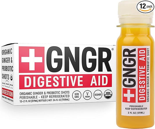 '+GNGR Digestive Aid Organic Ginger Shots with Probiotics, Gut Health, Colon Cleanse, Bloating Relief, Gut Detox, Immunity Shots with Ginger Juice, Turmeric, Black Pepper. (2 Oz, Pack of 12)-FlexoryFit