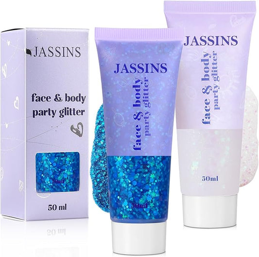JASSINS 2 Colors Body Glitter, 100ml Face Glitter for Women Girls Kids, Glitter Gel Makeup Tween Gifts, Singer Concerts Festival Rave Accessories, Chunky Mermaid Sequins Glitter-FlexoryFit