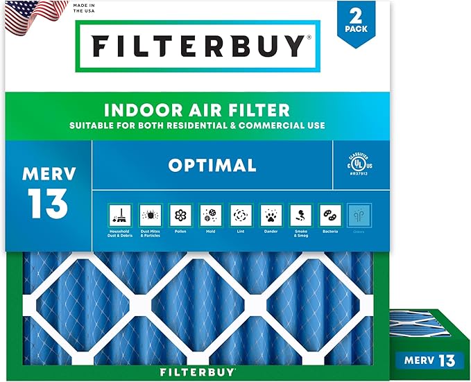 Filterbuy 25x25x2 Air Filter MERV 13 (MPR 1900) Health Defense Replacement (2-Pack), Electrostatic Pleated HVAC AC Furnace Filters, Made in USA (Actual Size: 24.50 x 24.50 x 1.75)