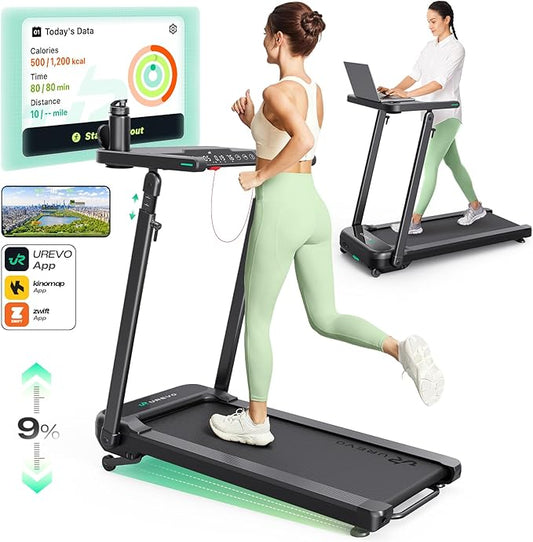 UREVO Treadmill with Desk Workstation, Walking Pad Treadmills for Home Office, Under Desk Compact Design Treadmill with HIIT Programs, Remote Control, LED Display