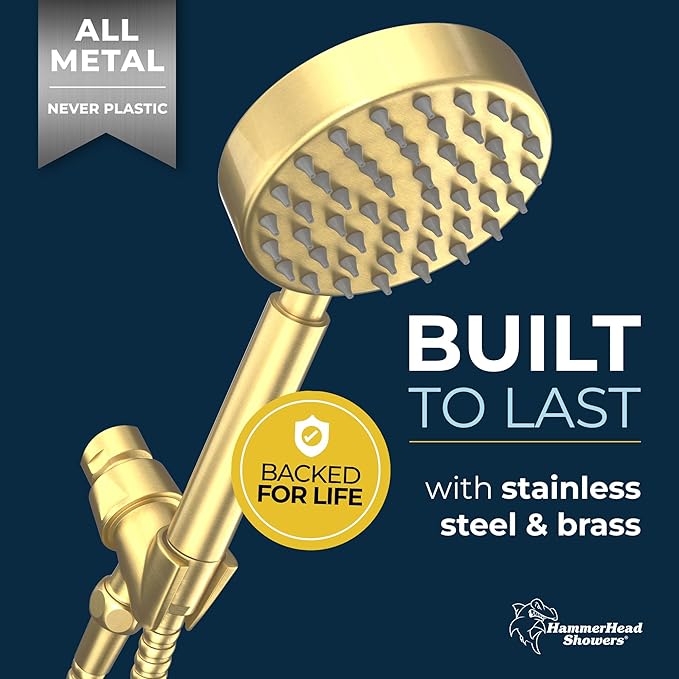 HammerHead Showers® Solid Metal LOW FLOW Handheld Shower Head with Hose and Brass Holder - BRUSHED GOLD – Water Saving 1.75 GPM Detachable Shower Head - Adjustable Shower Wand Bracket & 6ft Hose