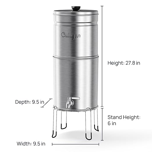 Culligan with MaxClear Technology 3 Gallon Gravity Water Filter System, Brushed Countertop Ceramic Water Filter NSF/ANSI Certified to Reduce Lead, Microplastics & Total PFAS, with 3 Filters