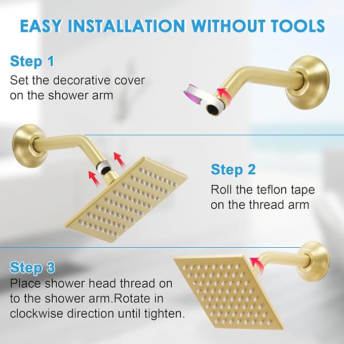 6 Inch Square Shower Head Stainless Steel High Pressure Rain Shower Heads with Extension Arm Adjustable Angle Replacement Luxury Shower Head for Modern Bathroom (Square, Brushed Gold)