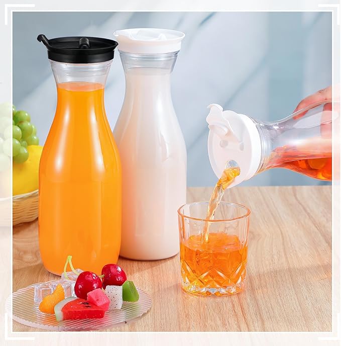 Gejoy 24 Pcs Plastic Water Carafe with Lids 32 oz Clear Juice Pitchers for Mimosa Bar Drinks Milk Iced Tea Beverage Containers for Home Restaurant School Fridge, Not Dishwasher Safe (White,Black Cap)