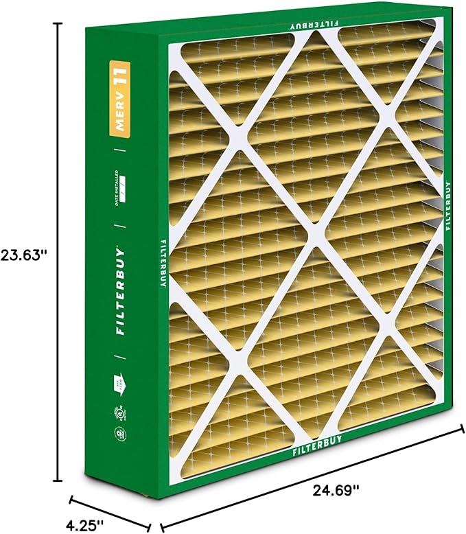 Filterbuy 24x25x5 Air Filter MERV 11 Allergen Defense (2-Pack), Pleated HVAC AC Furnace Air Filters Replacement for Carrier FILXXCAR0024, Maytag, and More (Actual Size: 23.63 x 24.69 x 4.25 Inches)