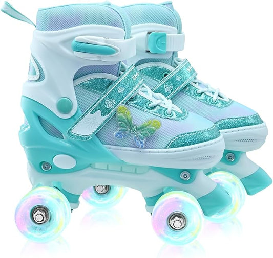 Kids Roller Skates for Girls-Outdoor 4 Size Adjustable Butterfly Quad Rollerskates for Indoor Ages 3-12 Years Beginners Children's Birthday Gift with Light Up Wheels patines para niñas Indoor-FlexoryFit