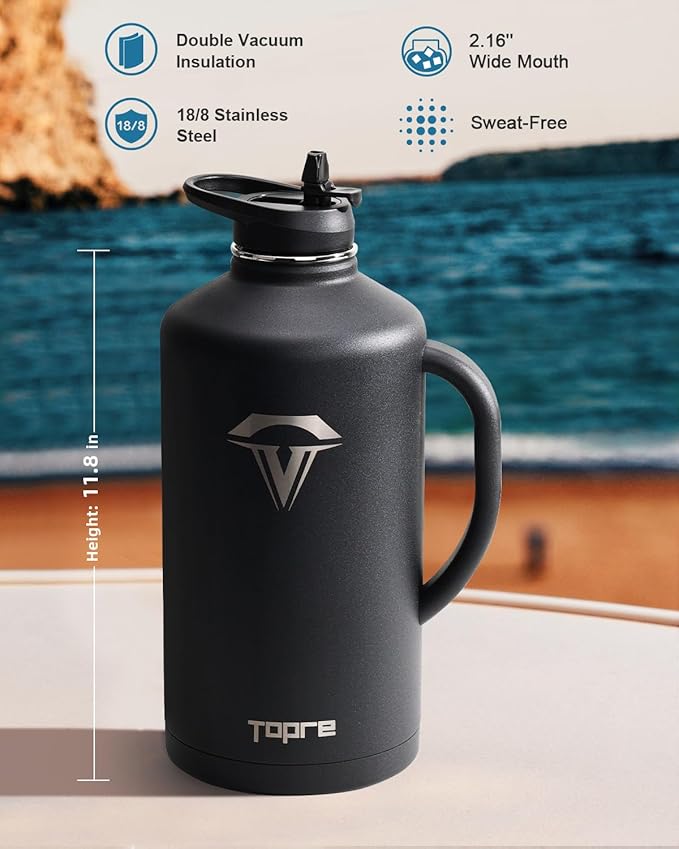 128 oz Insulated Water Bottle with Straw and Lid, One Gallon Stainless Steel Cup with Handle,Leakproof Metal Travel Jug Flask Mug Tumbler Cup With Carry Pouch and Brush,Keep Cold & Hot,Black-FlexoryFit