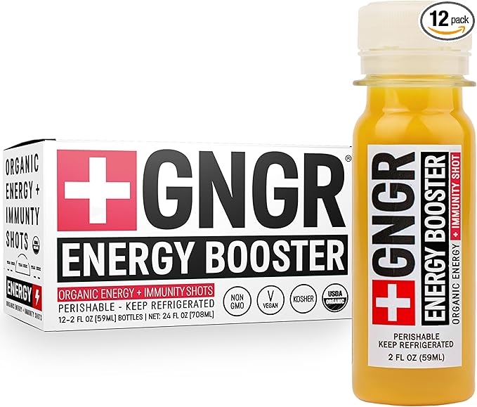 '+GNGR Energy Booster & Immunity Shot, Cold-Pressed Ginger Shots with Lions Mane, 75mg of Natural Caffeine Green Tea, Turmeric Root, Vitamin D & Zinc for All Natural Immune Support (2 Oz, Pack of 12)-FlexoryFit