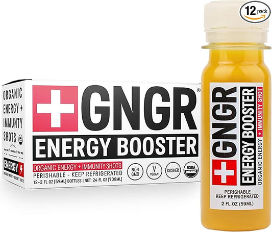 '+GNGR Energy Booster & Immunity Shot, Cold-Pressed Ginger Shots with Lions Mane, 75mg of Natural Caffeine Green Tea, Turmeric Root, Vitamin D & Zinc for All Natural Immune Support (2 Oz, Pack of 12)-FlexoryFit