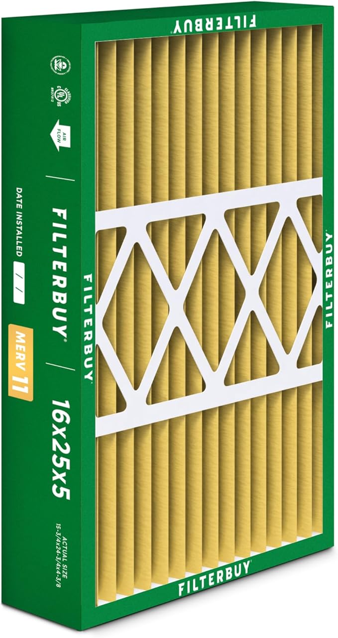 Filterbuy 16x25x5 Air Filter MERV 11 Allergen Defense (2-Pack), Pleated HVAC AC Furnace Air Filters for Honeywell FC100A1029, Lennox X6670, Carrier, & More (Actual Size: 15.75 x 24.75 x 4.38 Inches)
