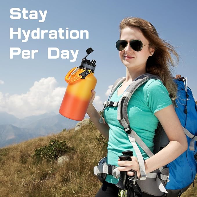 Insulated Water Bottle 64 oz, Half Gallon Water Jug Cold 48H, BPA Free Stainless Steel Bottles with Straw/Chug 2-in-1 Lid, Bag, Paracord Handle, Silicone Boot, Sports Gym School Metal Flask-FlexoryFit
