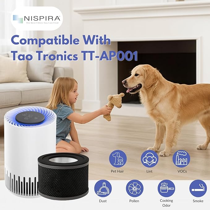 Nispira True HEPA Replacement Filter for Air Purifier, Compatible with Tao Tronics TT-AP001, 4 Packs