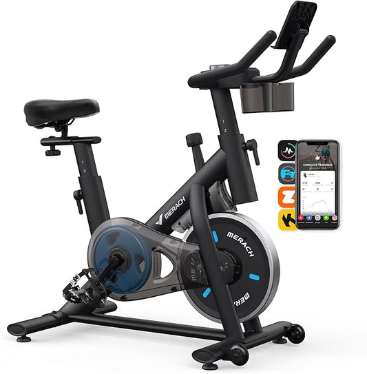 MERACH Exercise Bike, Brake Pad Stationary Bike with Exclusive App, Low Noise Indoor Cycling Bike with 300lbs Weight Capacity, Tablet Mount and Fitness Courses for Weight Loss-FlexoryFit