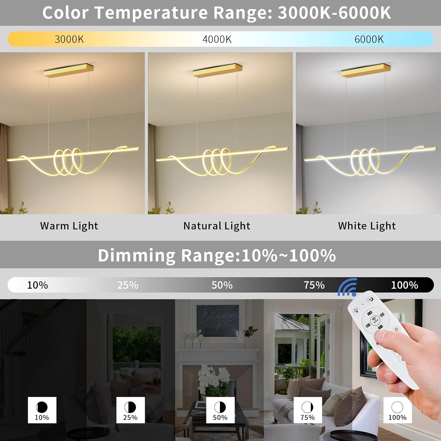 Modern LED Pendant Lights, Ceiling Chandelier Dimmable with Remote Control 3000k-6000K Adjustable Color Temperature, Aluminum Island Lighting Lamp Fixture for Kitchen, Dining Room(57in Gold)
