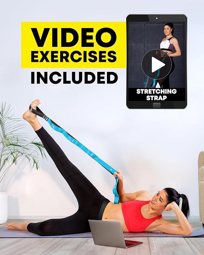 Stretching Strap with Loops - Non Elastic Stretch Band for Physical Therapy, Yoga Strap for Stretching Equipment, Stretch Bands for Exercise and Flexibility - Fascia, Hamstring & Leg Stretcher Belt-FlexoryFit