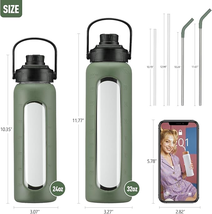 Kodrine Water Bottle with Straw, 24 oz Glass water Bottle with 2 Lids Bamboo Straw Lid and Spout Lid with Handle, 32 oz Clear Water Bottle Glass for Sports Travel, Waterbottle with Time Marker-FlexoryFit