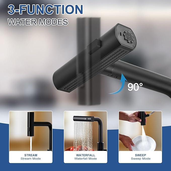 Kitchen Faucet with Pull Down Sprayer: ALEASHA Waterfall Kitchen Faucet with 3 Function Pullout Sprayer, Brass Core Single Handle Faucet, 360°Rotatable Black Single Hole Sink Faucets for Modern