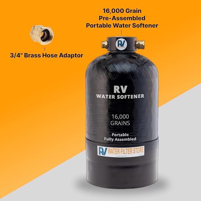 Essential RV Water Softener Portable 16,000 Grain w/o Custom Hose, Long Lasting for RVers Vanlife, 3/4" Fittings, Softens Hard Water When Traveling or Mobile Spot Reducing Car Washing