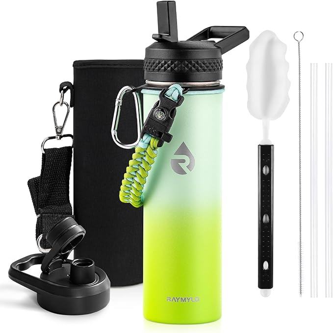 Insulated Water Bottle 20 oz, Triple Wall Vacuum Stainless Steel (Cold for 48 Hrs), Leak Proof & Non-BPA, Kids Water Bottle Jug for School with Straw Spout Lids, Ombre Green-FlexoryFit
