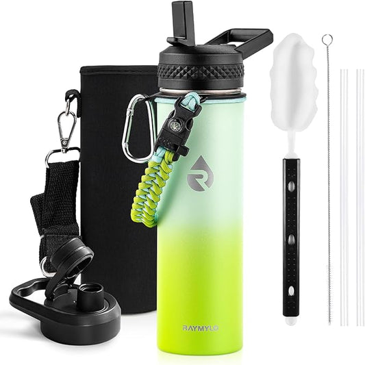 Insulated Water Bottle 20 oz, Triple Wall Vacuum Stainless Steel (Cold for 48 Hrs), Leak Proof & Non-BPA, Kids Water Bottle Jug for School with Straw Spout Lids, Ombre Green-FlexoryFit