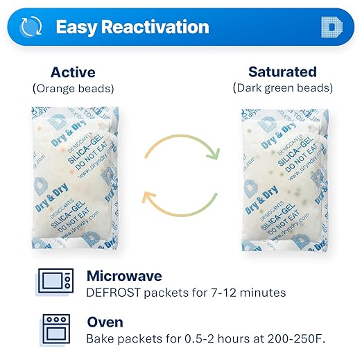 Dry & Dry Orange Indicating Silica Gel Packets Desiccants - Food Safe Packs, Silica Gel Packets, Desiccant Packs for Food Storage (100 Gram, 7 Packets)