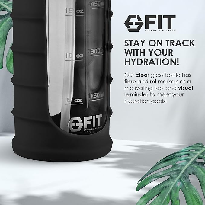 FIT Strong & Healthy 32 oz Glass Water Bottle with Straw Lid, Time Marker, Sleeve & Extra Lid - Motivational, Wide Mouth 1 Liter Glass Drinking Bottle