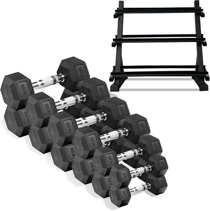 Ritafer 6-10 Pair Hex Rubber Dumbbell Set 350/450 and 550 lbsï¼?-50 lbs ）Hand Free Weight for Strength Coated Encased Iron Weights with Dumbbells Storage Rack Home Gym-FlexoryFit