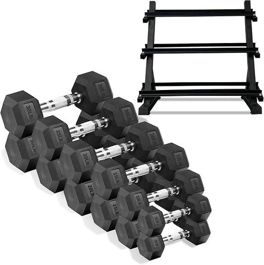 Ritafer 6-10 Pair Hex Rubber Dumbbell Set 350/450 and 550 lbsï¼?-50 lbs ）Hand Free Weight for Strength Coated Encased Iron Weights with Dumbbells Storage Rack Home Gym-FlexoryFit