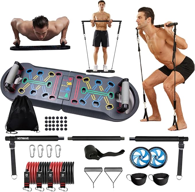 HOTWAVE Portable Exercise Equipment with 16 Gym Accessories.20 in 1 Push Up Board Fitness,Resistance Bands with Ab Roller Wheel,Full Body Workout at Home-FlexoryFit