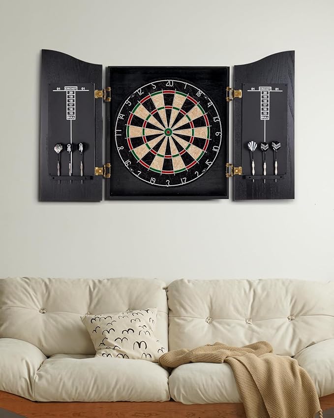 Sisal Dart Board Cabinet Sets, Decorative Dart Boards for Adults [6*Steel Darts] - Wooden Dartboard Cabinet with Integrated Scoreboard for Family Game Rooms