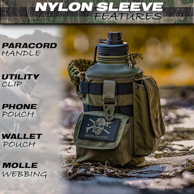 Iron Infidel Battle Bottle - Half Gallon Insulated Water Bottle with Paracord Handle, Large 64 oz Stainless Steel Water Jug with Rugged, Removable Sleeve for Keys, Wallet & Phone (Gangrene 2L)-FlexoryFit