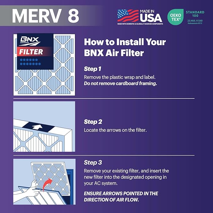 BNX TruFilter 18x24x1 Air Filter MERV 8 (6-Pack) - MADE IN USA – Dust & Pet Defense Electrostatic Pleated Air Conditioner HVAC AC Furnace Filters for Dust, Pet, Mold, Pollen MPR 600 – 700 & FPR 5