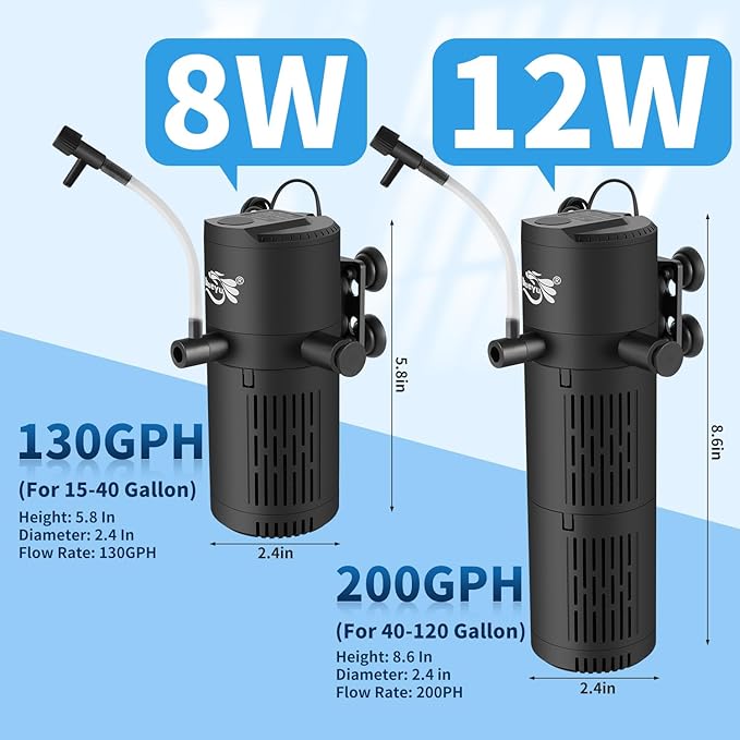 Aquarium Filter, Fish Tank Filter 4-in-1 for 15-40 Gallon Tanks, Submersible Internal Filter with Wave-Maker, Oxygenation & Adjustable Air Flow for Freshwater/Saltwater/Turtle Tanks (8W)