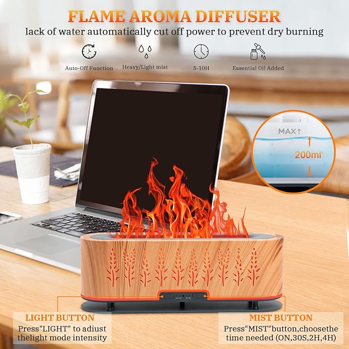 Essential Oil Diffusers, Flame Air Diffuser, 200ml Aromatherapy Diffuser with 2 Mist Mode 4 Timer Up & Waterless Auto-Off Protection for Bedroom Home, Office(Wood)