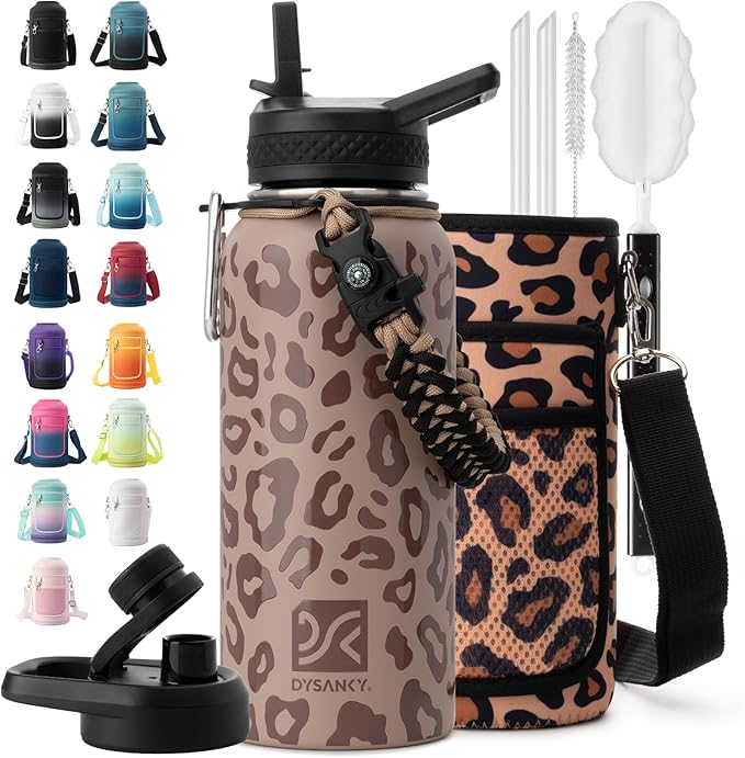 Insulated Water Bottle | Thickened Stainless Steel Vacuum Metal | Portable Sports Water Jug for Gym and Hiking with Straw, Carrier Bag, Handle Strap | BPA-Free 32 oz-FlexoryFit