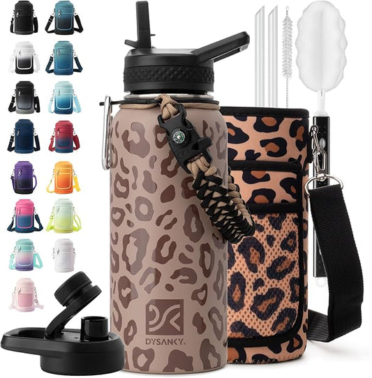 Insulated Water Bottle | Thickened Stainless Steel Vacuum Metal | Portable Sports Water Jug for Gym and Hiking with Straw, Carrier Bag, Handle Strap | BPA-Free 32 oz-FlexoryFit